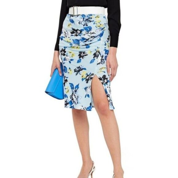 DVF Willa Blue Ruched Floral-Print Stretch-Mesh Pencil Skirt